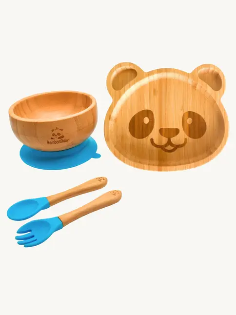 Bamboo baby suction bowl and panda plate set with blue spoon and fork