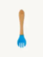 Bamboo baby fork with blue silicone tip designed for early self feeding