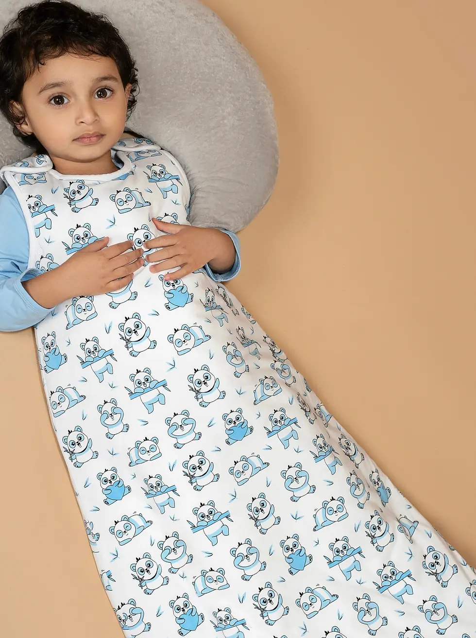Baby wearing BambooBaby BluePanda 2.5 tog bamboo sleeping bag, showing fit, length and comfort