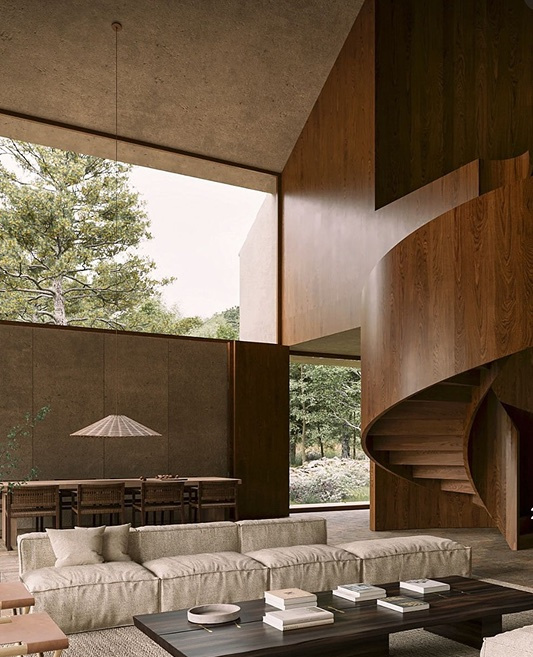 A double-height resort living room with a sculpted timber spiral staircase