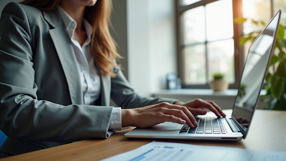 Eye-level view of a real estate agent using a laptop in an office