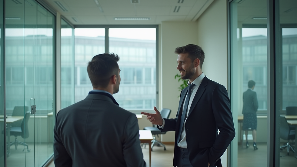 Vue en plongée d’un bureau avec un courtier en assurance discutant avec un client