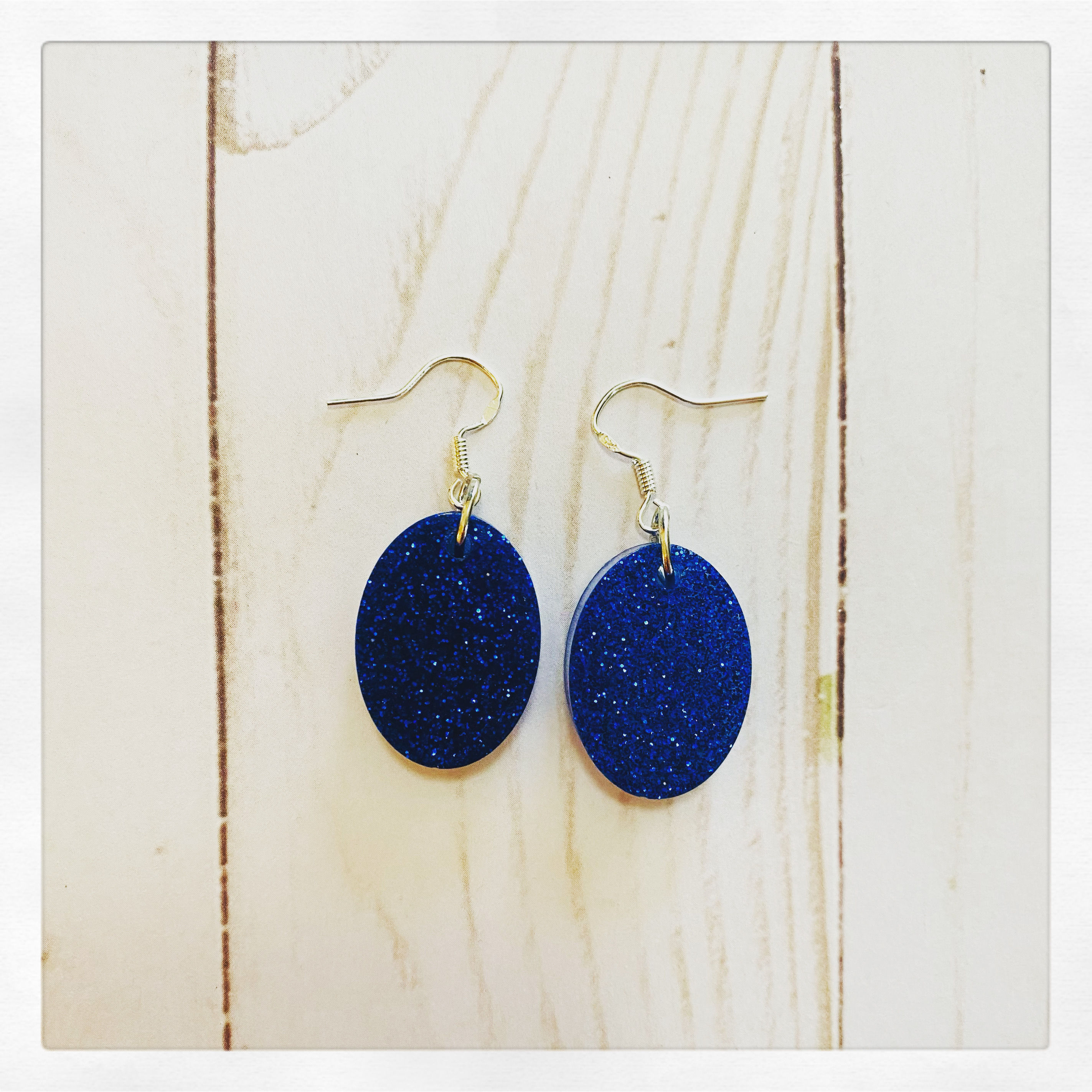 Blue Glitter Oval Earrings
