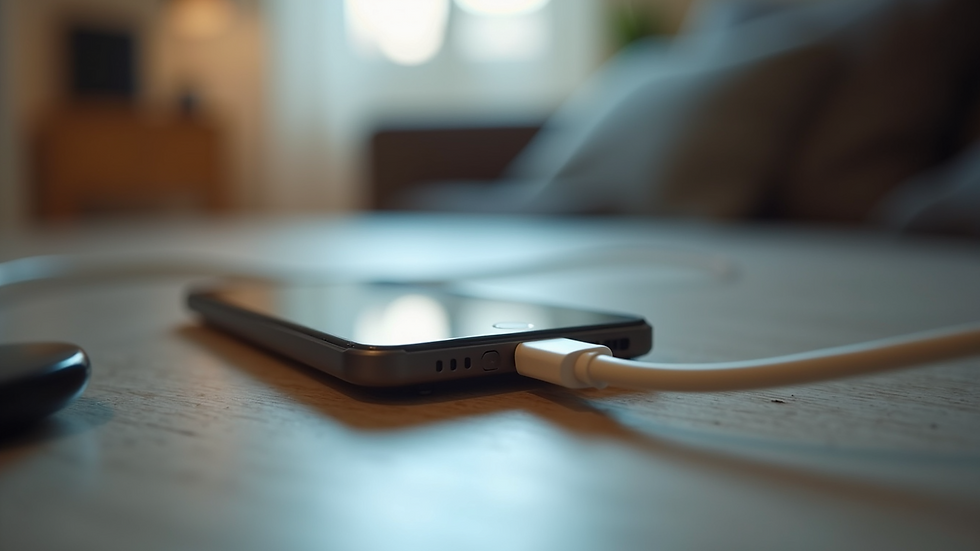 Eye-level view of a smartphone charging cable with a plugged device