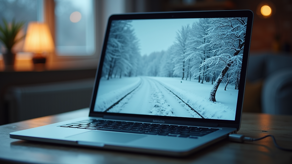 Eye-level view of a laptop displaying a frozen screen