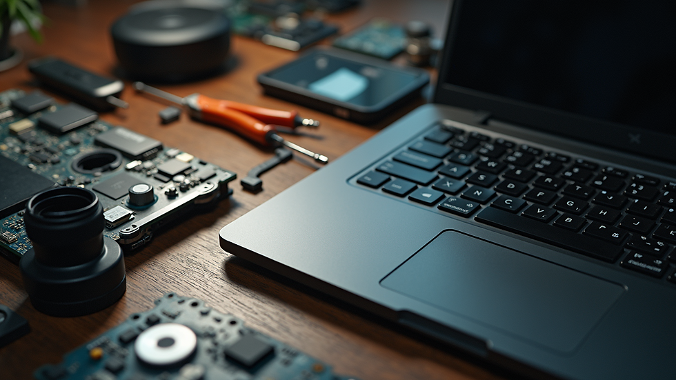 High angle view of a laptop repair workspace with tools and parts