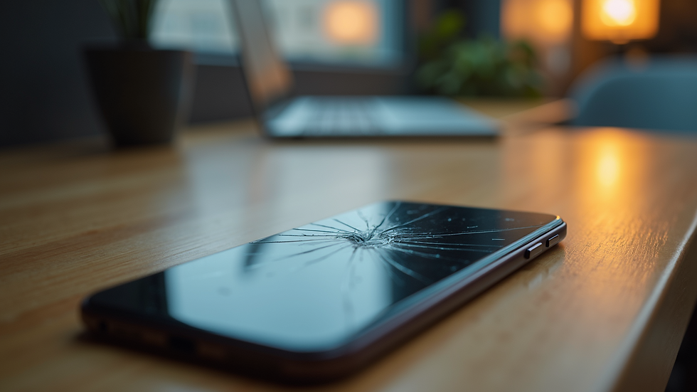 Close-up view of a smartphone with a cracked screen on a wooden table