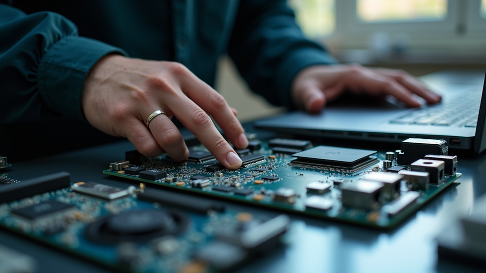 Close-up view of a technician repairing a laptop motherboard