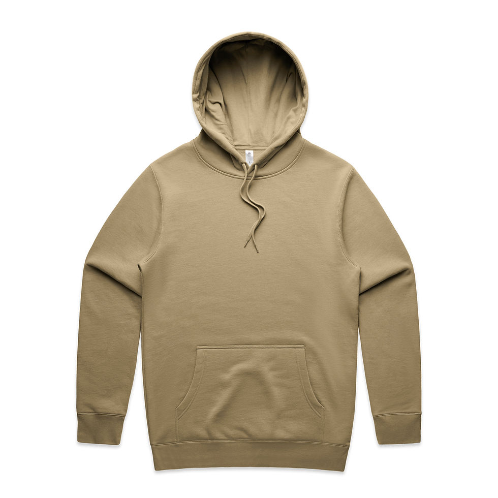 Sand color hoodie displayed on a white background, front view. Features a hood, drawstrings, and a front pocket, conveying a casual style.