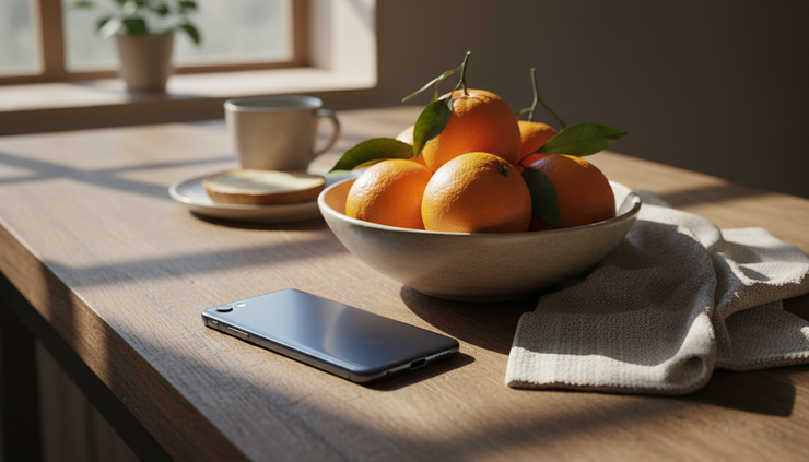 Close-up view of a smartphone face down beside a bowl of oranges.