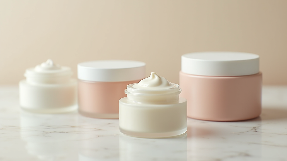 Close-up view of skincare cream jars with minimalist packaging