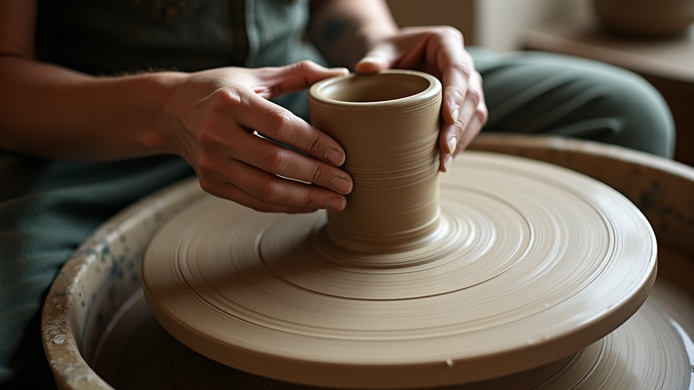 High angle view of a pottery wheel with clay being shaped