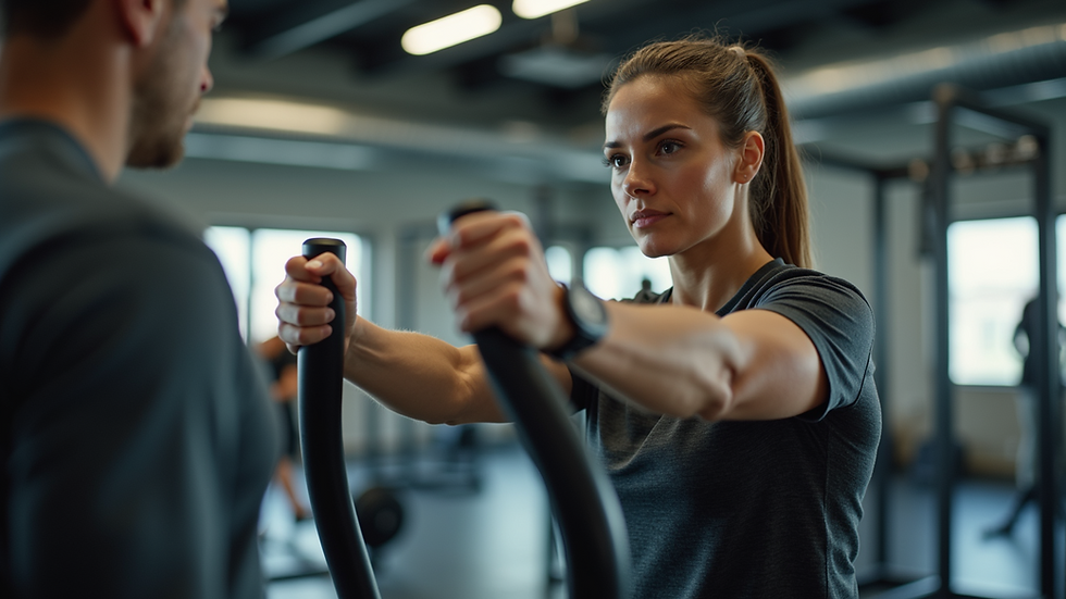 Eye-level view of a personal trainer guiding a client through a workout