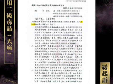 【謙聖|毒品案件分享】️路邊臨檢被帶回驗尿,施用二級毒品(大麻)🔸緩起訴🔸️