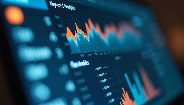 Close-up view of a computer screen showing keyword analytics dashboard