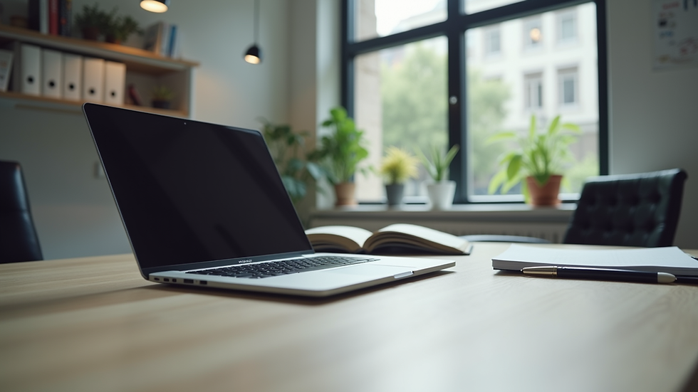 Eye-level view of a modern office workspace with a laptop and notes