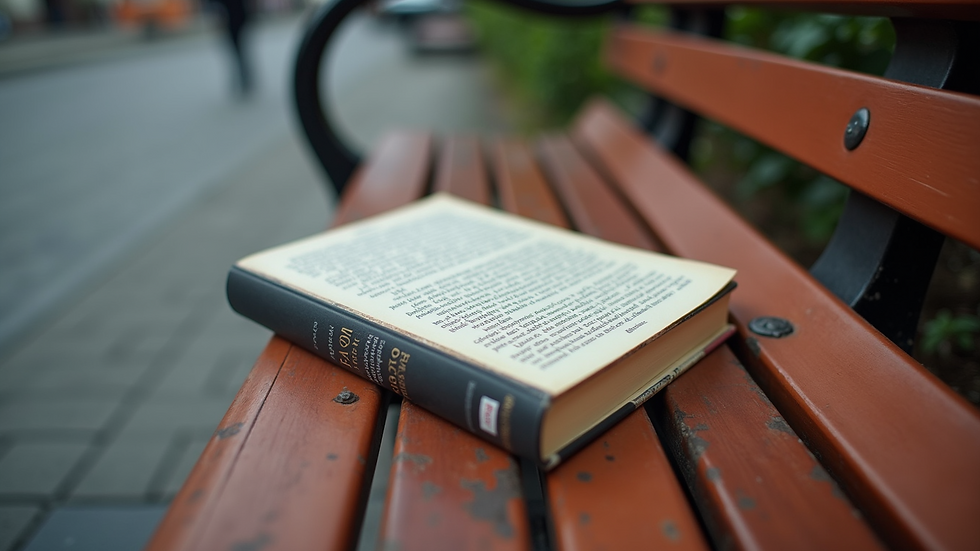 Close-up view of a softcover urban fiction novel resting on a city bench