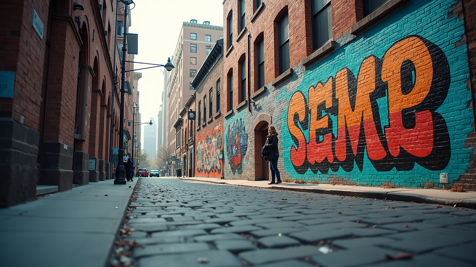 Eye-level view of a city street with vibrant murals on brick walls