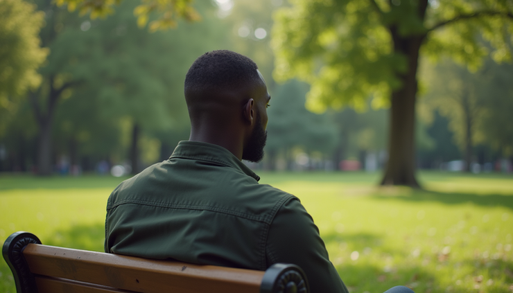 Eye-level view of a single African American man sitting quietly in a peaceful park, reflecting