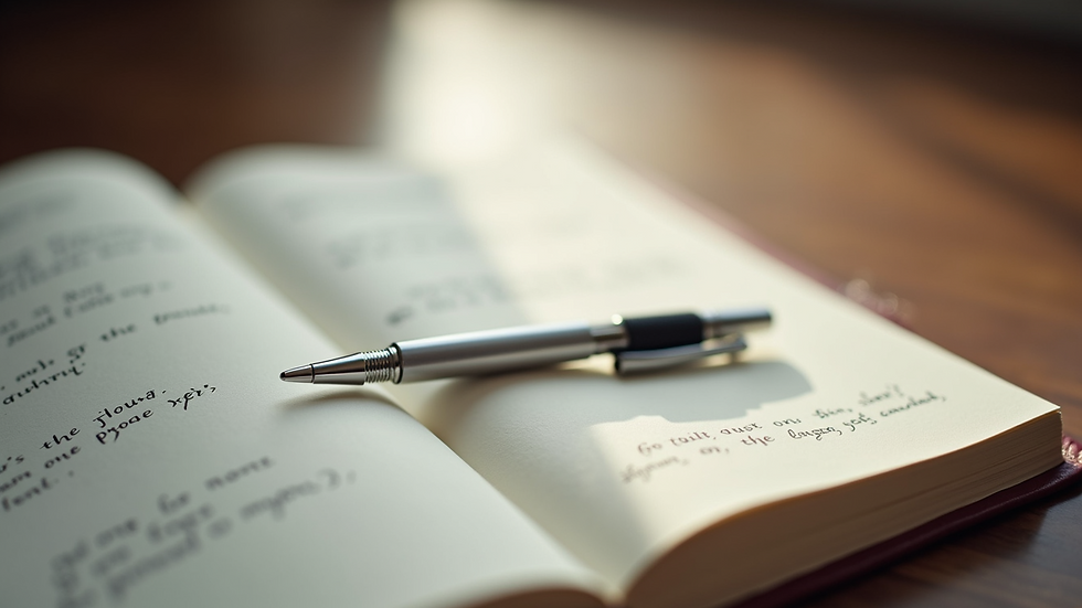 High angle view of an open journal with a pen resting on it, inviting self-reflection
