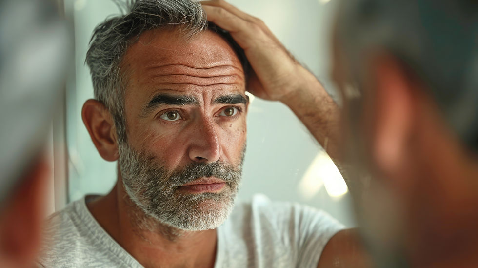 Gen-X man with gray hair and beard looks at reflection in mirror, touching head. He wears a white shirt, background is softly lit and blurred.