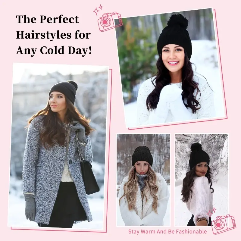 Thumbnail: Fashion Hat Wig Brimless Cap With Long Curly Wave Hair Extensions Knitted