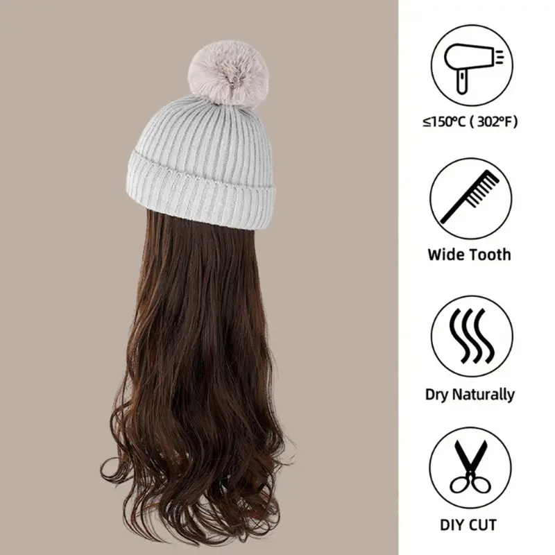 Thumbnail: Fashion Hat Wig Brimless Cap With Long Curly Wave Hair Extensions Knitted