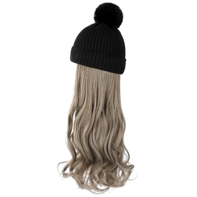 Thumbnail: Fashion Hat Wig Brimless Cap With Long Curly Wave Hair Extensions Knitted