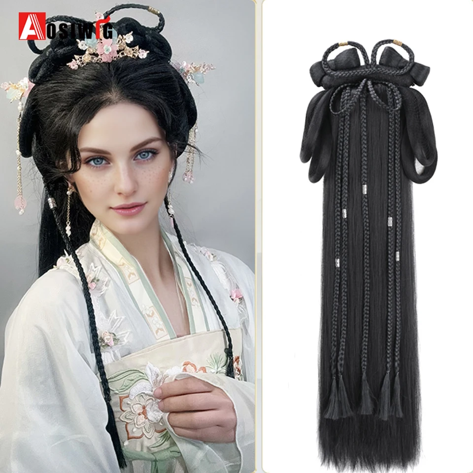 Synthetic Hanfu Ancient Style Headband Braid Integrated Headband Wig Women