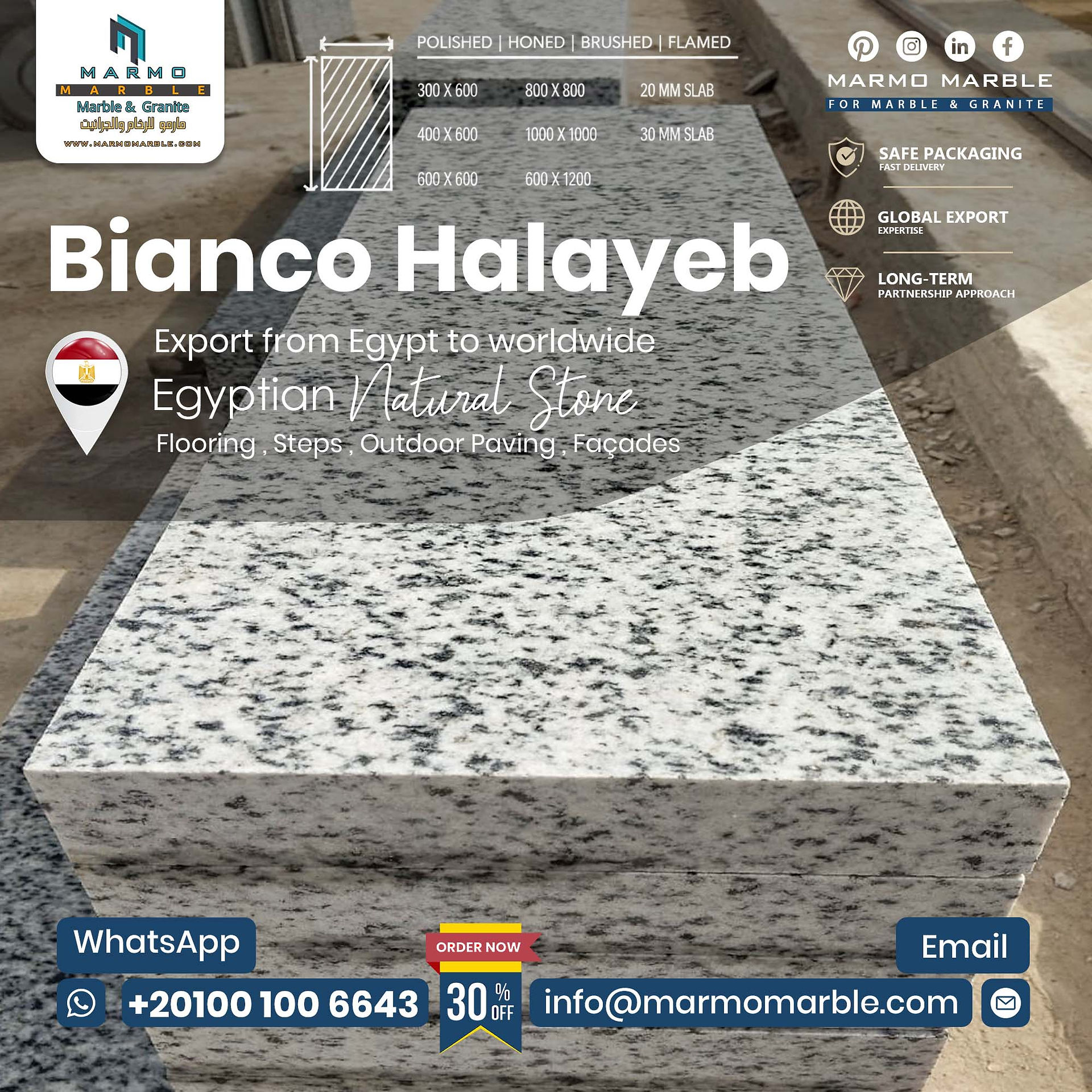 Bianco Halayeb Egyptian Granite large tiles packed in wooden export crates at Marmo Marble factory