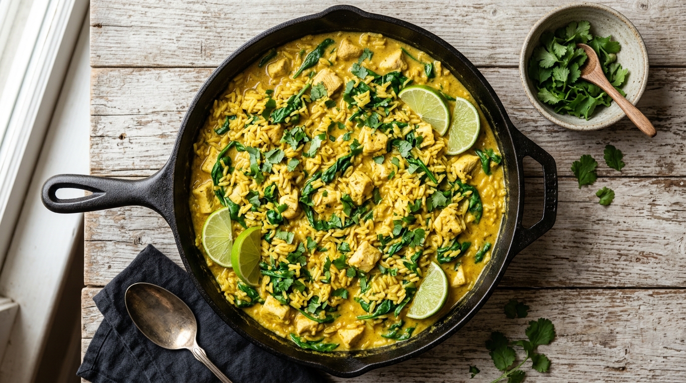 Overhead view of creamy coconut curry chicken and rice in a large black cast iron skillet, golden yellow rice grains coated in silky coconut curry sauce with tender diced chicken pieces and wilted fresh green spinach, bright lime wedges and chopped cilantro garnish scattered around the pan, warm natural kitchen lighting, rustic wooden table background, cozy exotic food styling, quick easy dinner recipe for tired moms, no people, no hands, no faces.
