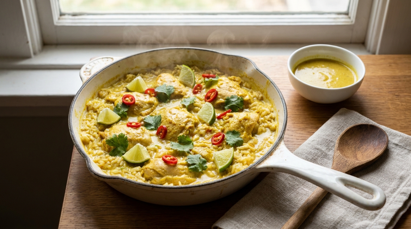 A single white skillet on a wooden table, filled with golden coconut curry rice and chunks of chicken. Slices of lime and a few fresh cilantro leaves on top. Steam rising. A small bowl of extra sauce beside it. No people. No hands.