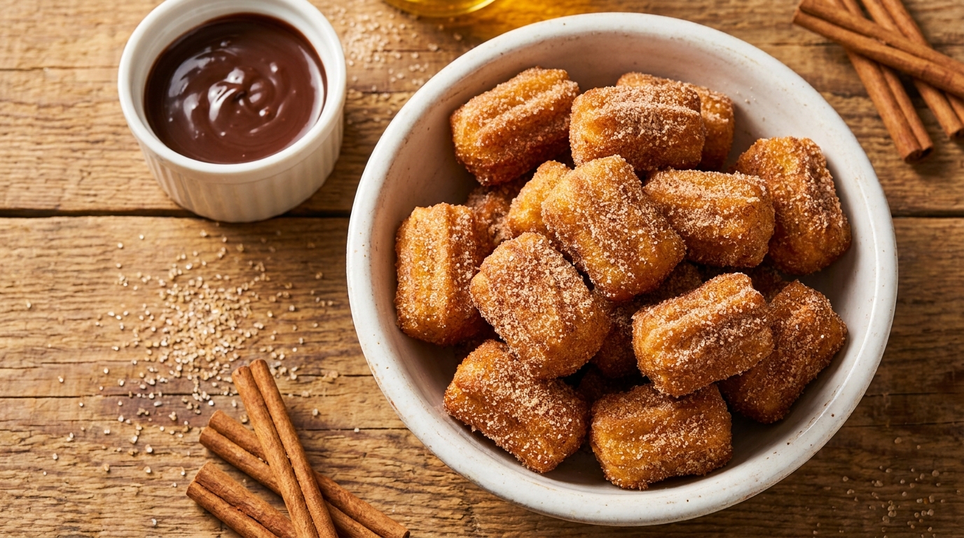 Overhead shot of golden brown churro bites piled in a white ceramic bowl, generously coated in cinnamon sugar, with a small dish of melted chocolate sauce for dipping, scattered sugar crystals on a rustic wooden surface, warm lighting, no faces, no hands, no living things.