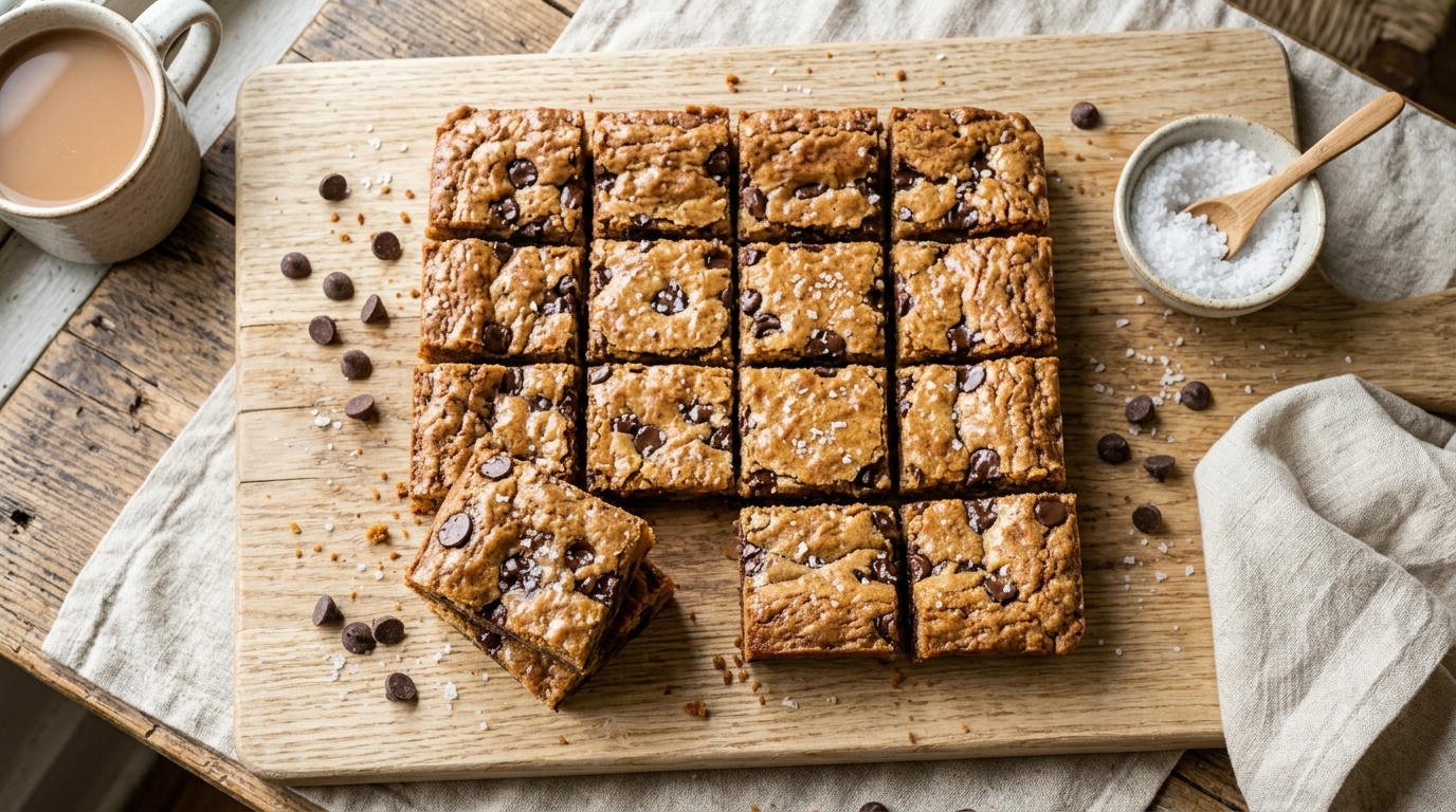 Overhead view of freshly baked chewy chocolate chip blondies cut into squares on a light wooden cutting board, golden brown caramelized top with melted dark chocolate chips visible in the tender chewy crumb, a few squares stacked to show the fudgy interior texture, scattered flaky sea salt on top, warm natural kitchen lighting, rustic cozy baking scene, quick easy dessert recipe for tired moms, no people, no hands, no faces.
