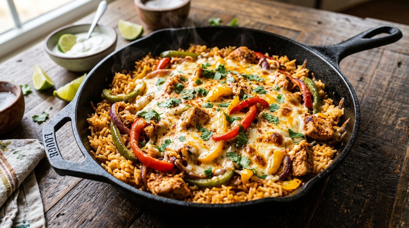20-minute one-pan cheesy chicken fajita rice skillet with frozen rainbow peppers, melted cheese, and cilantro, steam rising