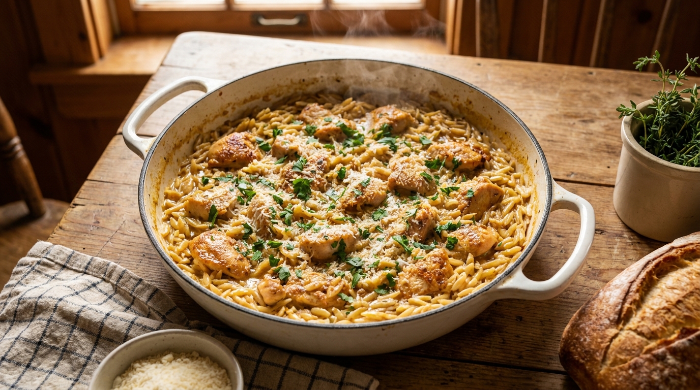 Overhead shot of creamy garlic butter chicken and orzo in a white cast iron skillet with a wooden spoon, fresh herbs, and grated parmesan cheese scattered on a rustic wooden table.