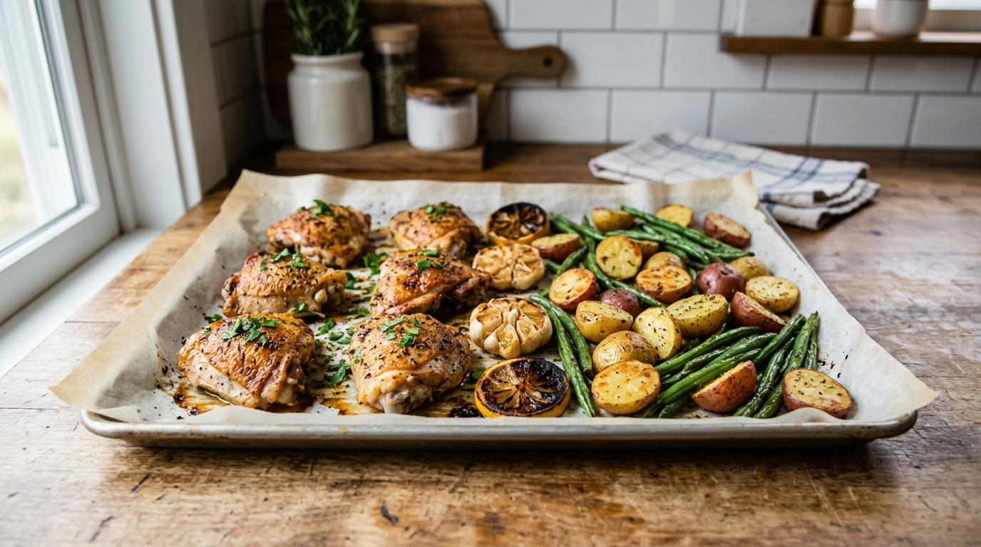 Sheet pan lemon garlic chicken thighs with potatoes and green beans