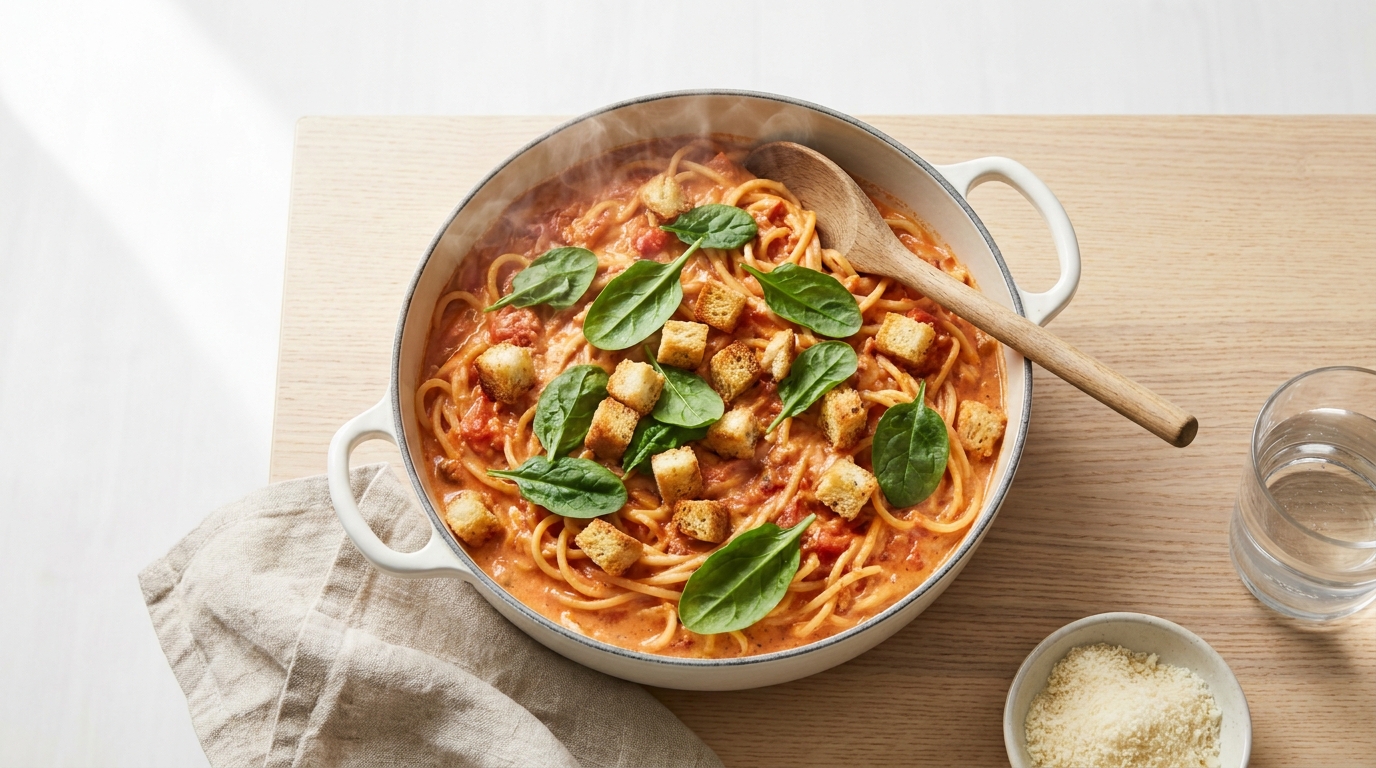 Overhead shot of a white ceramic pan filled with creamy orange tomato pasta, scattered with bright green fresh spinach leaves and small golden croutons. Steam rises gently from the surface. A wooden spoon rests on the edge of the pan.
