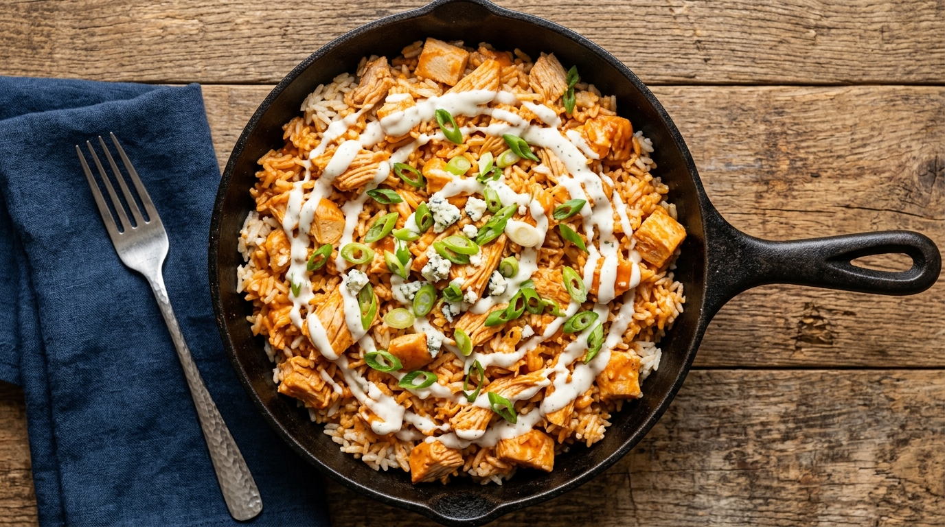 Overhead shot of buffalo chicken rice in a black cast iron skillet, fluffy white rice coated in tangy orange buffalo sauce with tender chicken pieces, drizzled with creamy ranch dressing and topped with sliced green onions, rustic wooden table background, warm natural lighting, no faces, no hands, no living things.
