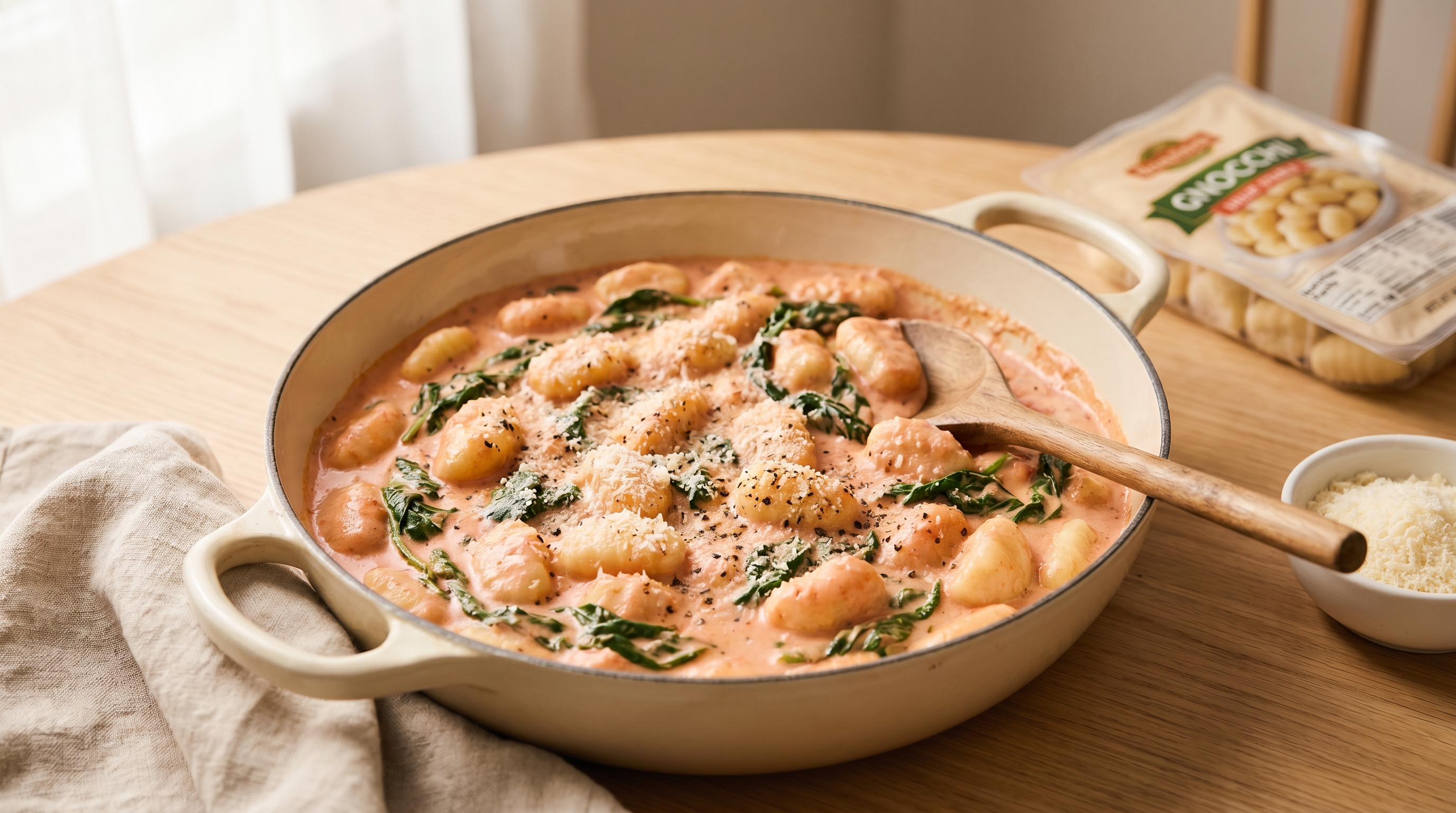 Creamy spinach tomato gnocchi in a white skillet with soft potato dumplings, wilted spinach, and tomato cream sauce topped with grated parmesan — quick 15 minute one pot dinner for tired moms bored of pasta