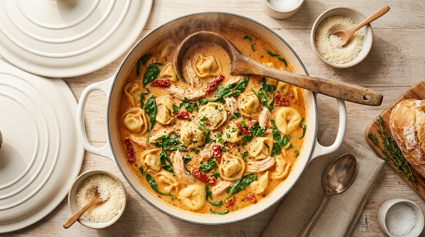 Overhead view of creamy tortellini soup in a large white Dutch oven, cheese-filled pasta floating in silky reddish-orange broth with wilted green spinach, shredded chicken, and chopped sun-dried tomatoes visible, a wooden ladle resting inside the pot, steam rising gently, warm natural kitchen lighting, rustic wooden table background, cozy comforting food styling, quick easy dinner recipe for tired moms, no people, no hands, no faces.