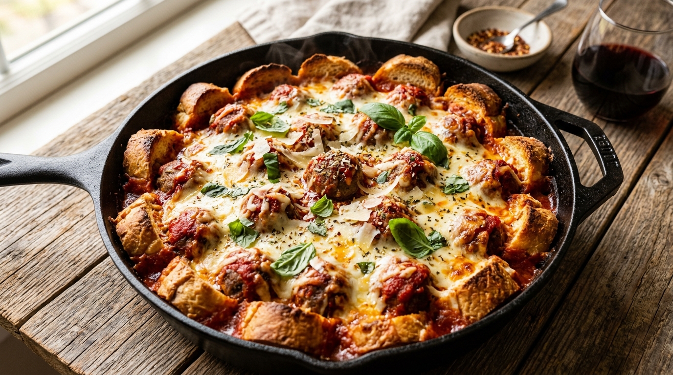 20-minute one-pan meatball sub casserole with frozen meatballs, jarred marinara, melted mozzarella, and crispy bread edges, steam rising.