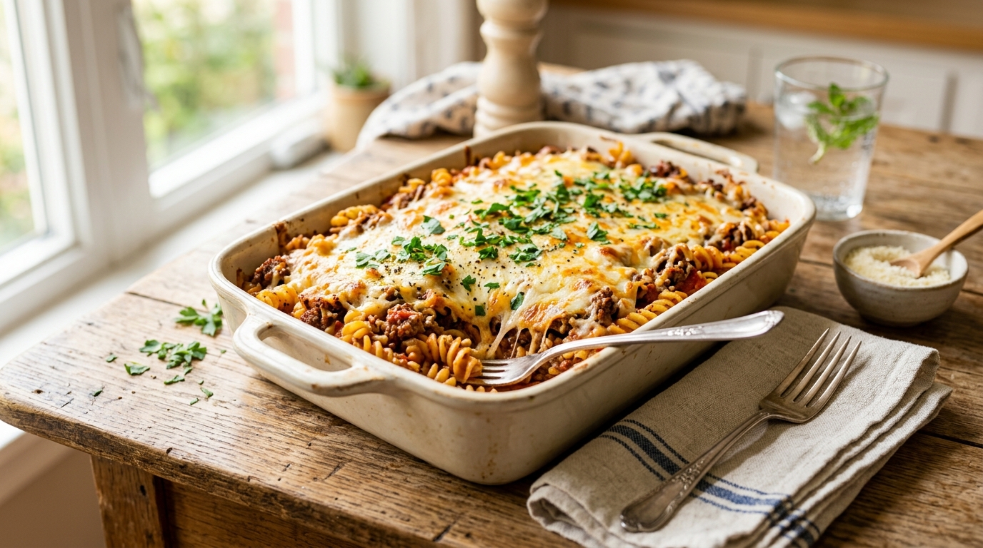 Easy Ground Beef Casserole baked with pasta, marinara sauce, seasoned ground beef, and melted cheddar and mozzarella cheese in a casserole dish.