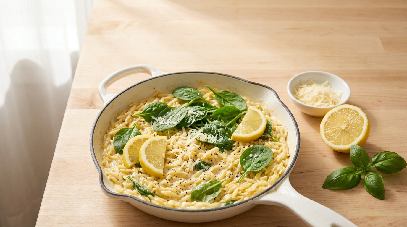 15-minute one-pan creamy lemon orzo in a white skillet with fresh baby spinach, lemon wedges, and grated parmesan cheese — quick emergency dinner recipe for tired moms