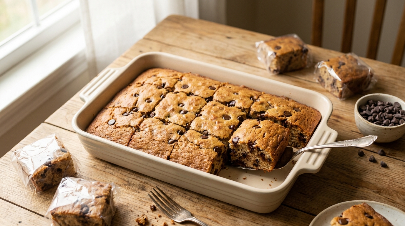 Golden chocolate chip banana bread baked in a 9x13 pan, cut into squares with melted chocolate chips visible, wrapped in plastic wrap on a plate — quick 30 minute one bowl bake sale rescue for tired moms who forgot until 9 PM
