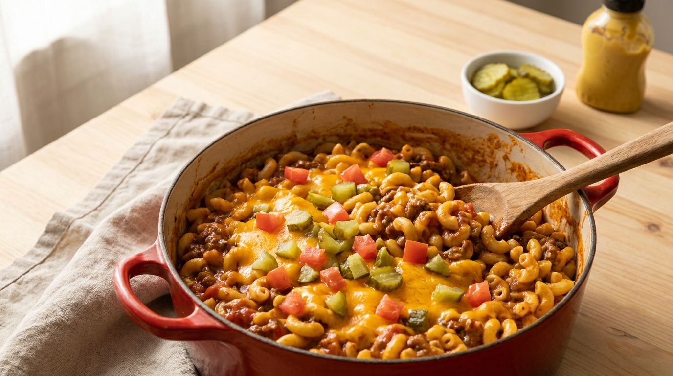 One-pot cheeseburger pasta in a red Dutch oven topped with melted cheddar cheese, chopped dill pickles, and diced fresh tomatoes — quick 20-minute family dinner recipe for tired moms