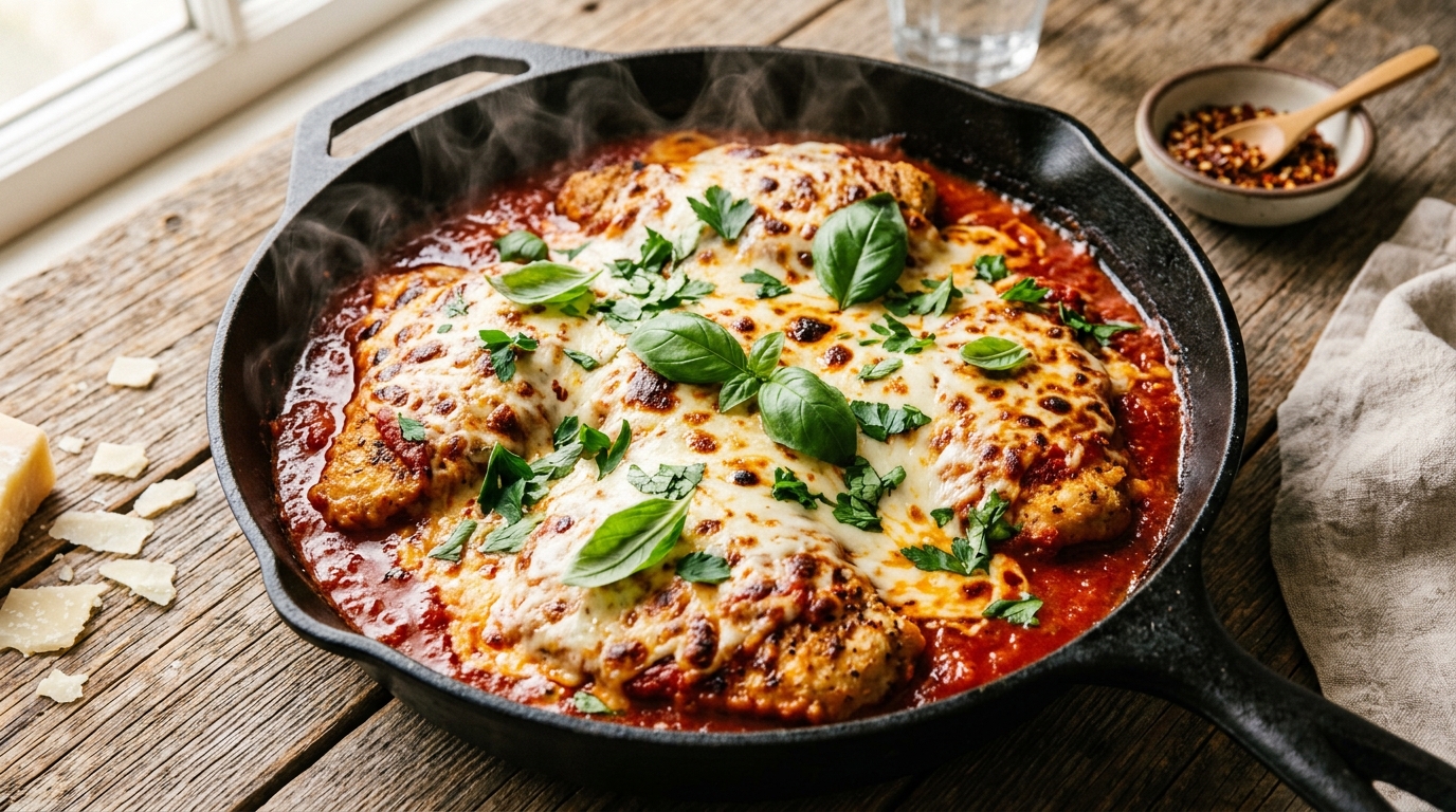 20-minute one-pan chicken parmesan with melted mozzarella, jarred marinara, and crispy chicken edges, steam rising.