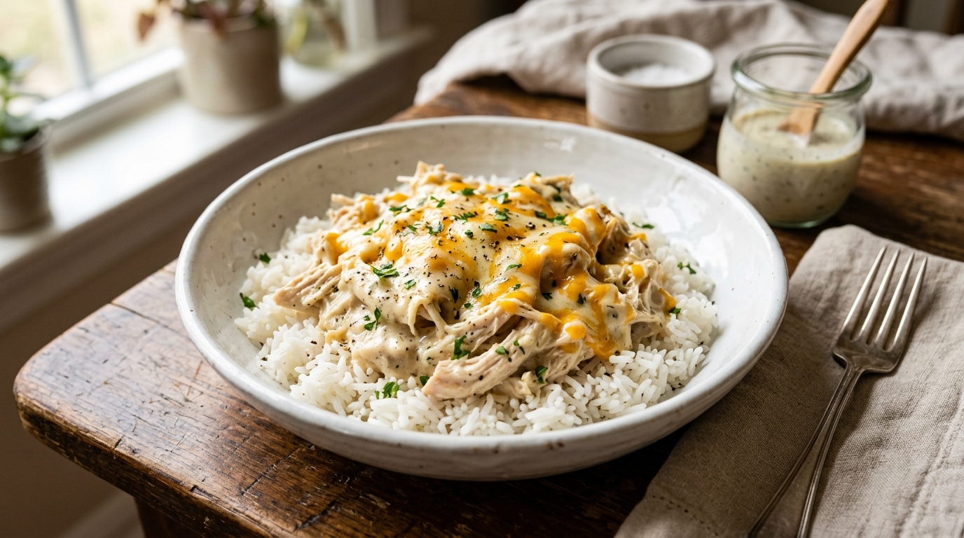 Creamy crockpot ranch chicken with cheddar cheese served over fluffy rice in a rustic white bowl.