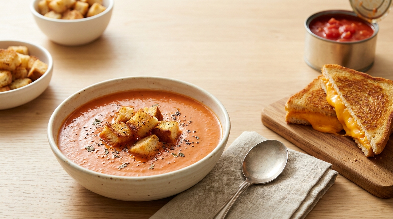 Creamy tomato soup in a white bowl topped with golden grilled cheese croutons and a sprinkle of black pepper, with a grilled cheese sandwich on a wooden cutting board in the background — quick 15-minute comfort dinner recipe for tired moms