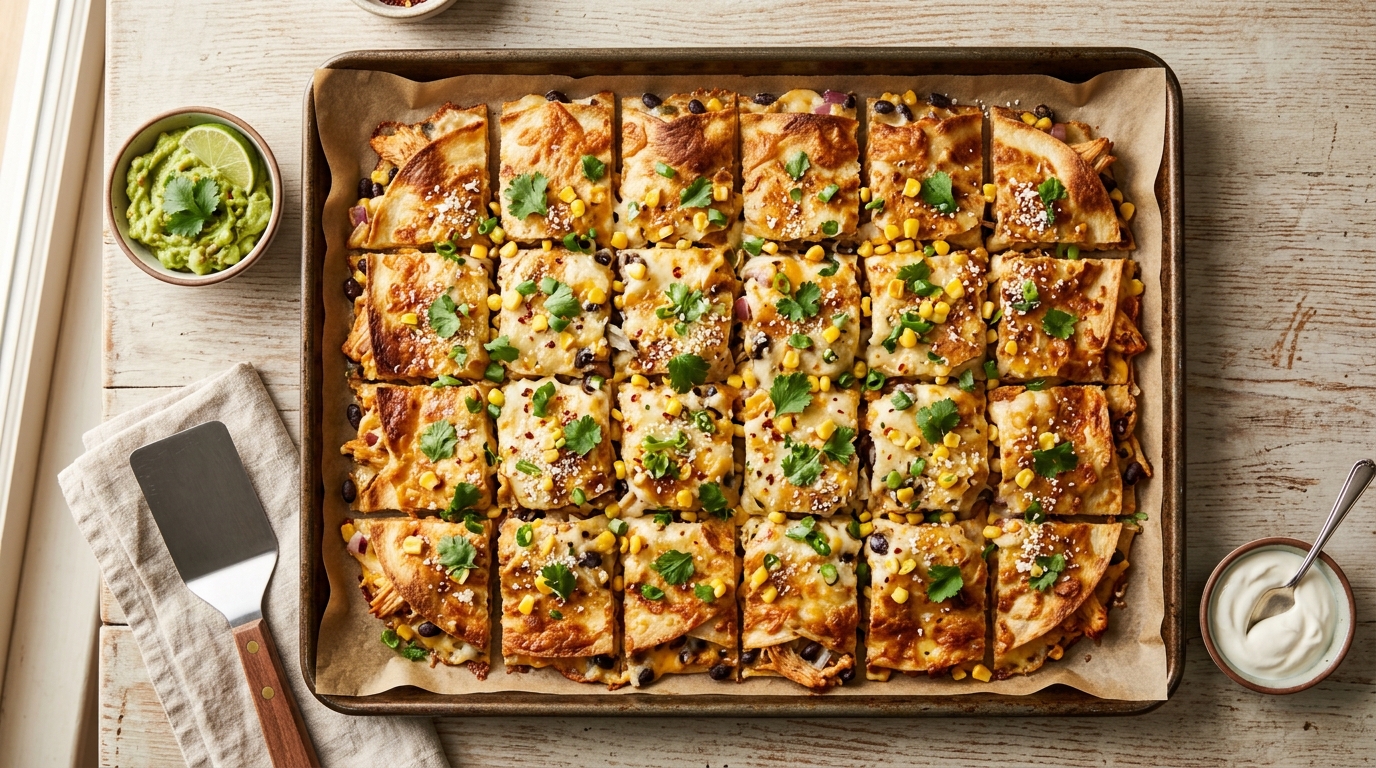 Overhead view of a golden crispy sheet pan chicken quesadilla bake sliced into squares on a parchment-lined baking sheet, melted cheese oozing between layers of flour tortillas, shredded chicken and black beans visible in the cross-section, scattered corn kernels and cilantro garnish, warm kitchen lighting, rustic wooden table background, cozy weeknight dinner scene, quick easy dinner recipe for tired moms, no people, no hands, no faces.